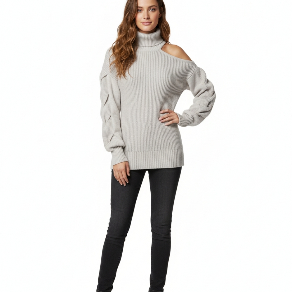 Venus Cold Shoulder On One Sleeve White Turtleneck Sweater